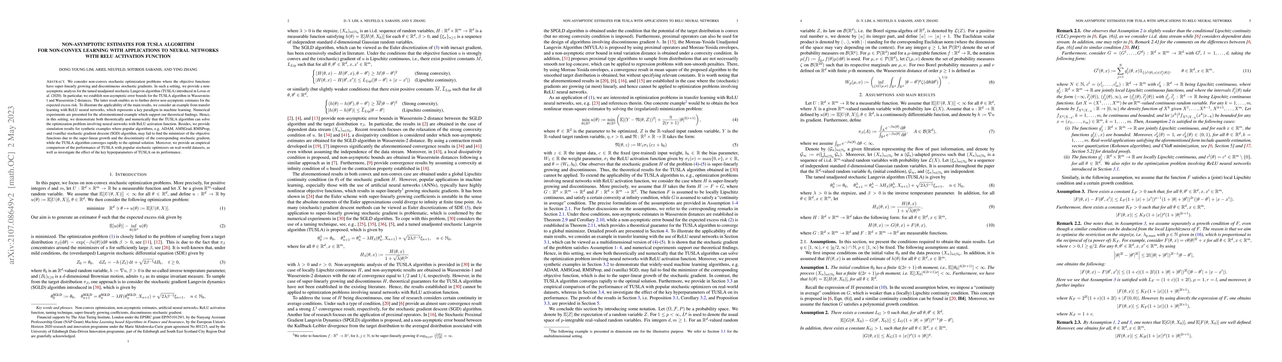 Thumbnail for Non-asymptotic estimates for TUSLA algorithm for non-convex learning
  with applications to neural networks with ReLU activation function