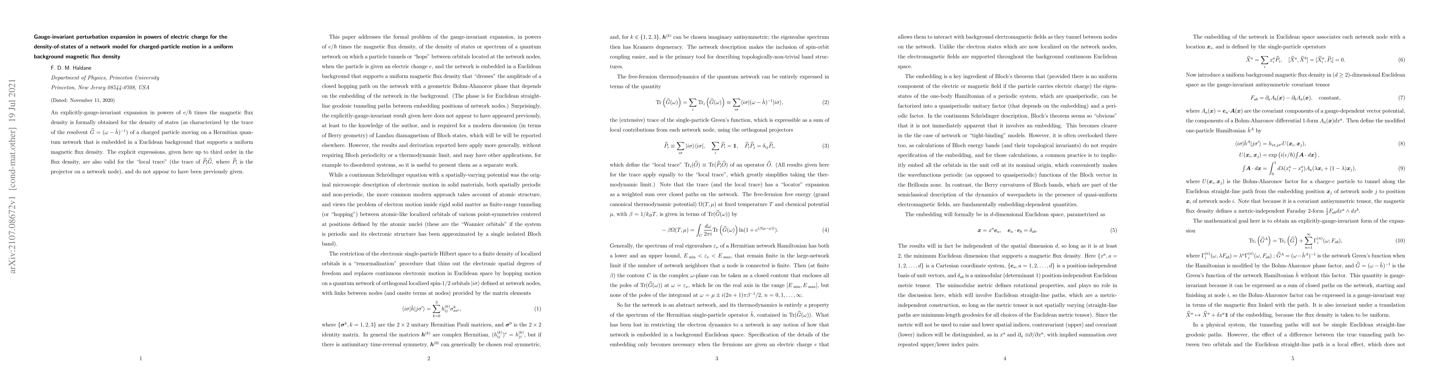 Thumbnail for Gauge-invariant perturbation expansion in powers of electric charge for
  the density-of-states of a network model for charged-particle motion in a
  uniform background magnetic flux density