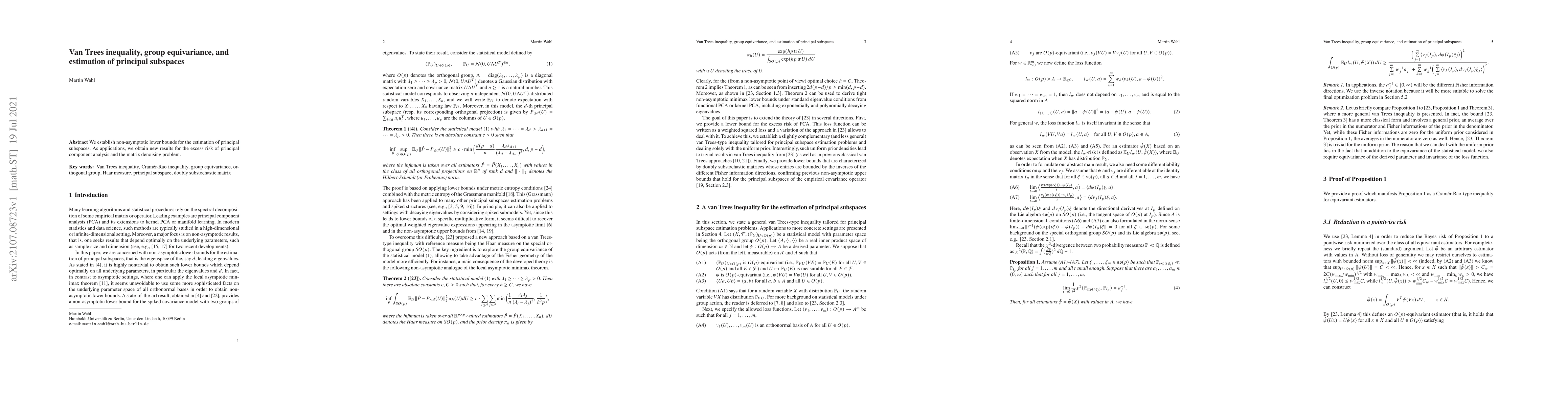 Thumbnail for Van Trees inequality, group equivariance, and estimation of principal
  subspaces