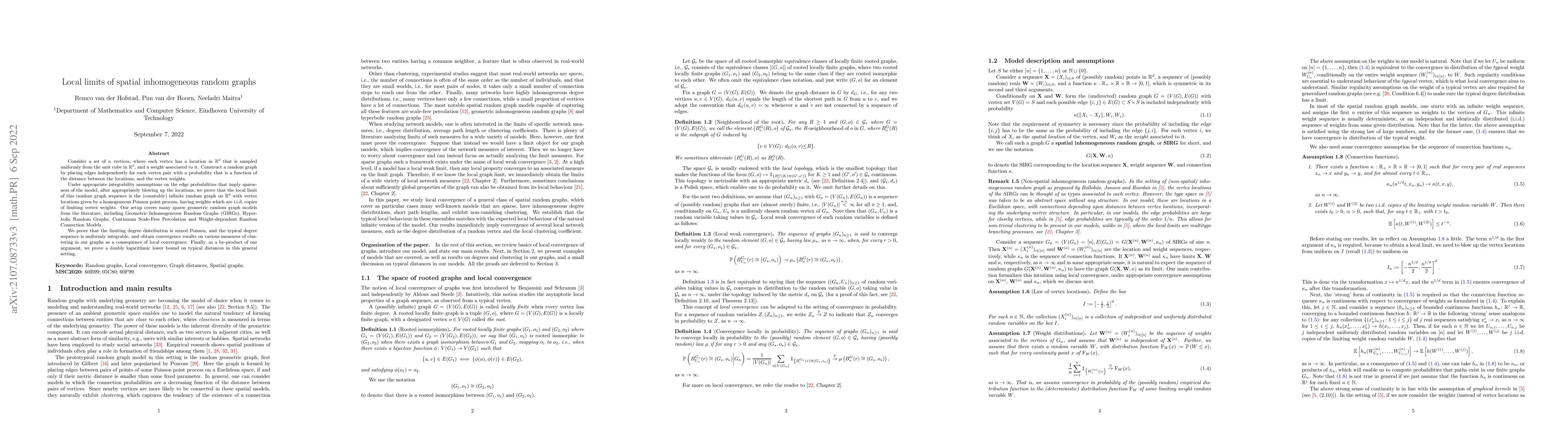 Thumbnail for Local limits of spatial inhomogeneous random graphs