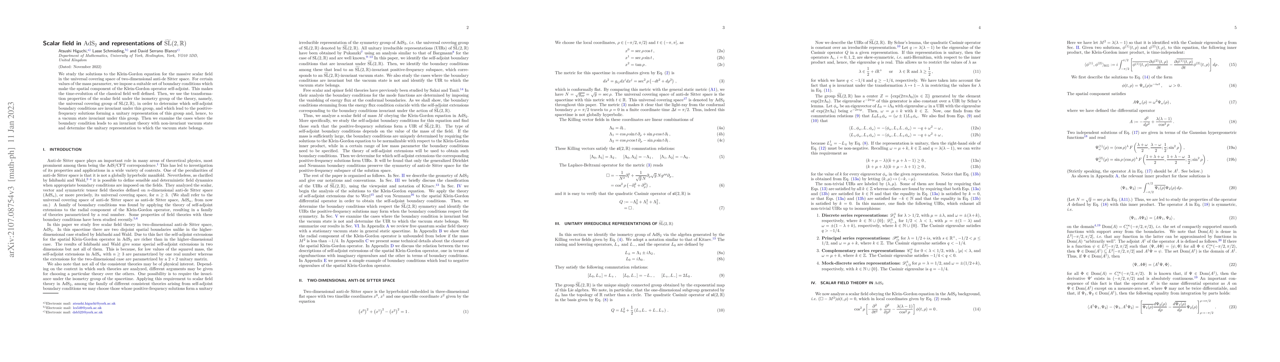 Thumbnail for Scalar field in $\mathrm{AdS}_2$ and representations of
  $\widetilde{\mathrm{SL}}(2,\mathbb{R})$