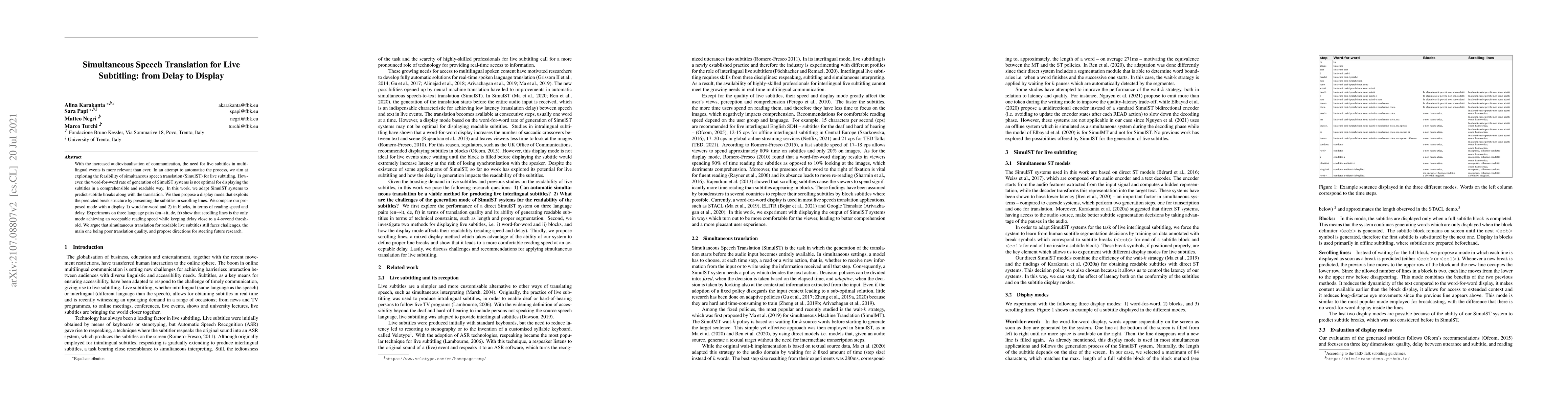 Thumbnail for Simultaneous Speech Translation for Live Subtitling: from Delay to
  Display