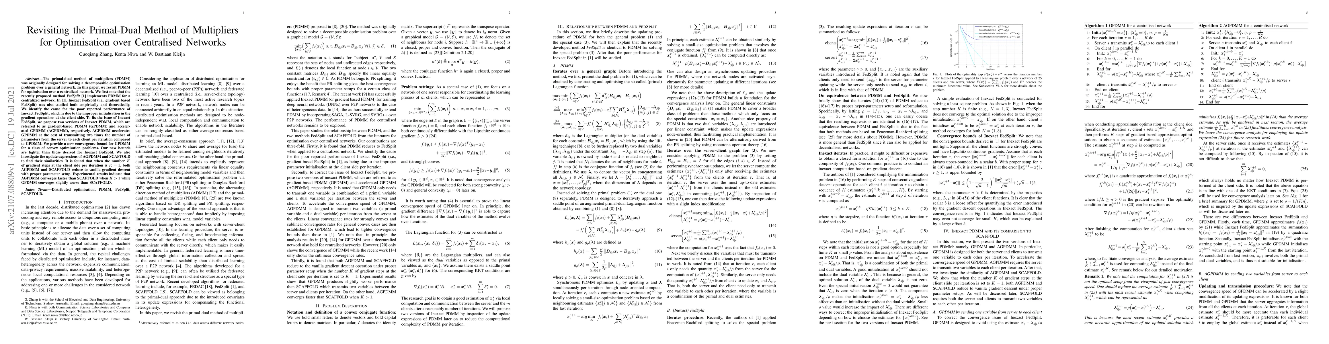 Thumbnail for Revisiting the Primal-Dual Method of Multipliers for Optimisation over
  Centralised Networks