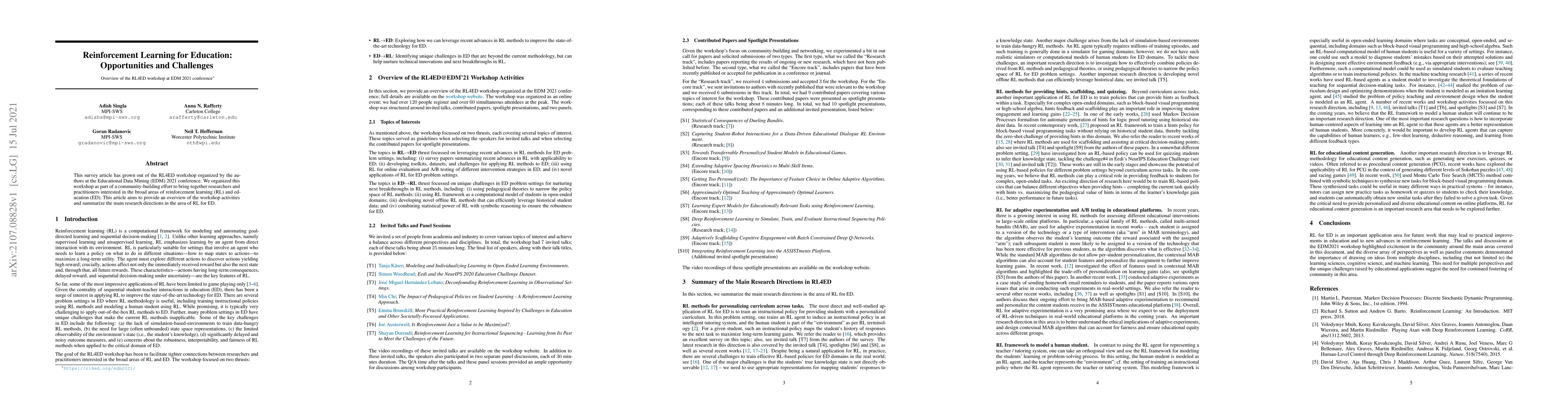 Thumbnail for Reinforcement Learning for Education: Opportunities and Challenges