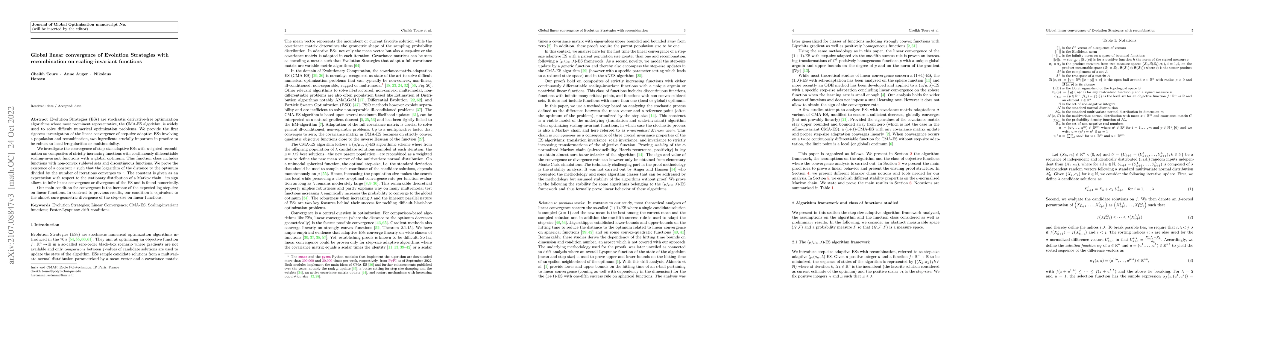 Thumbnail for Global linear convergence of Evolution Strategies with recombination on
  scaling-invariant functions