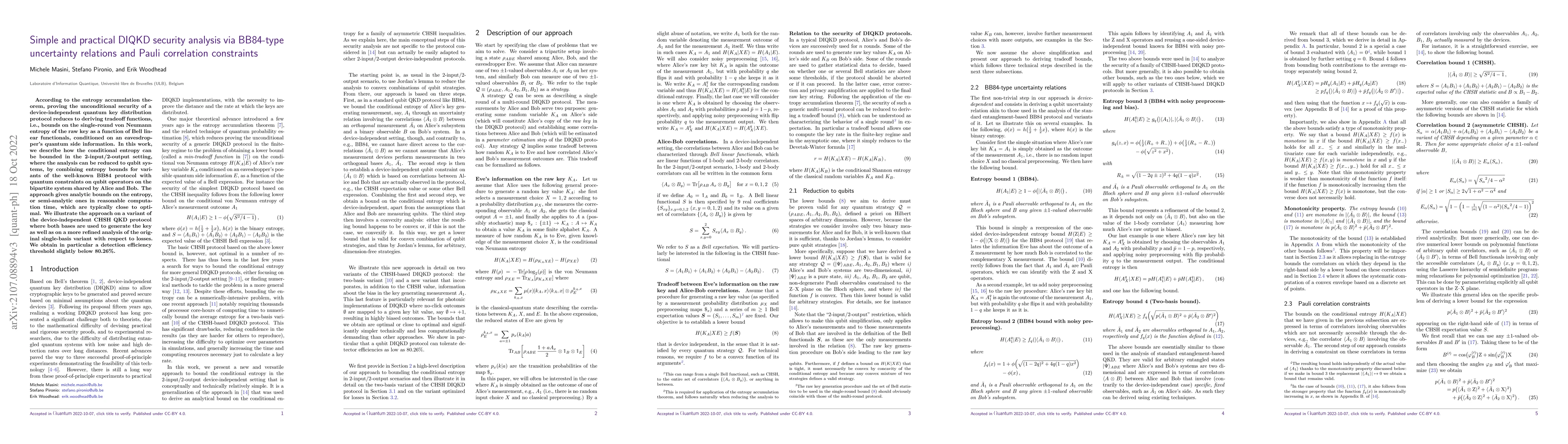 Thumbnail for Simple and practical DIQKD security analysis via BB84-type uncertainty
  relations and Pauli correlation constraints