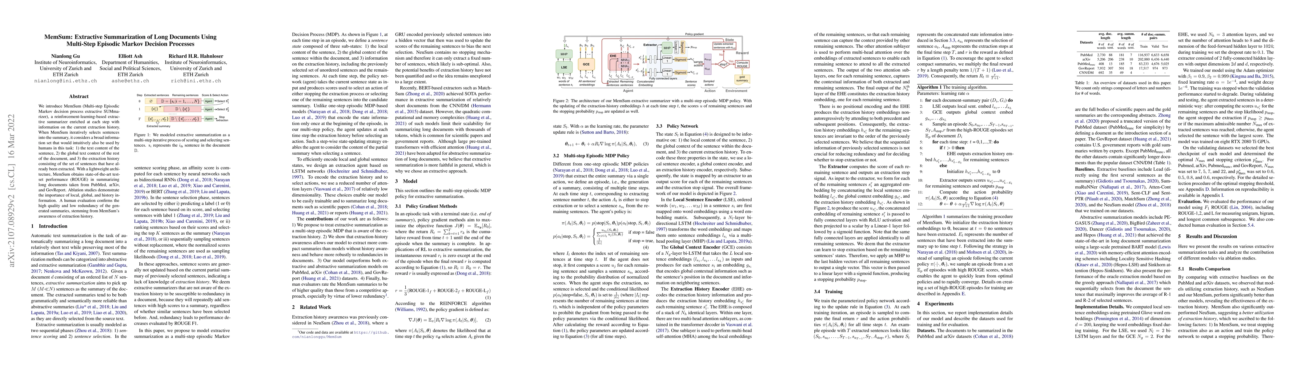 Thumbnail for MemSum: Extractive Summarization of Long Documents Using Multi-Step
  Episodic Markov Decision Processes