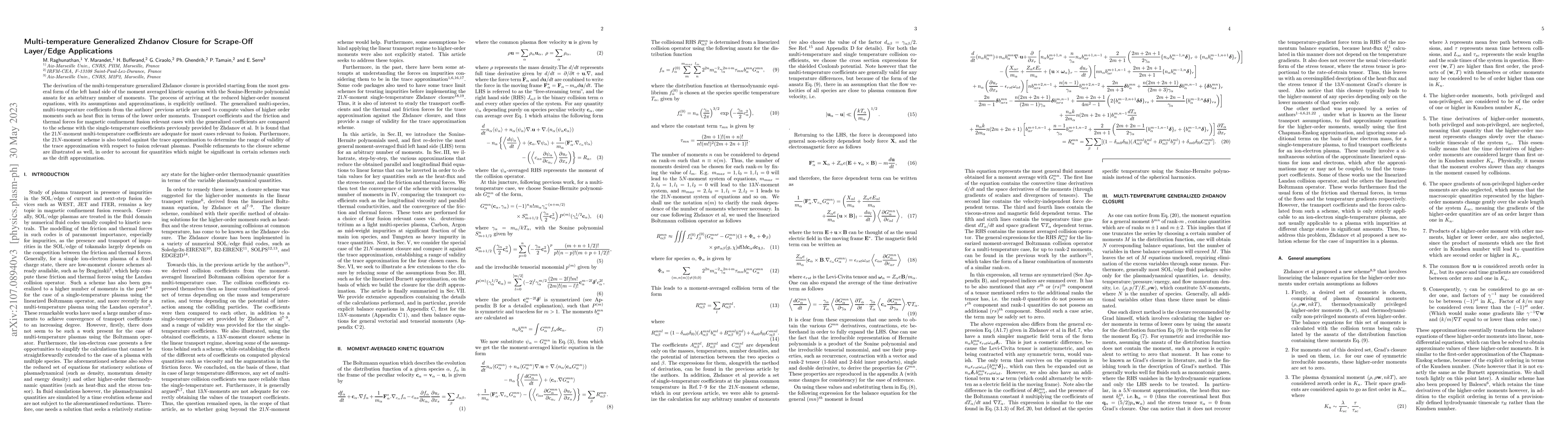 Thumbnail for Multi-temperature Generalized Zhdanov Closure for Scrape-Off Layer/Edge
  Applications