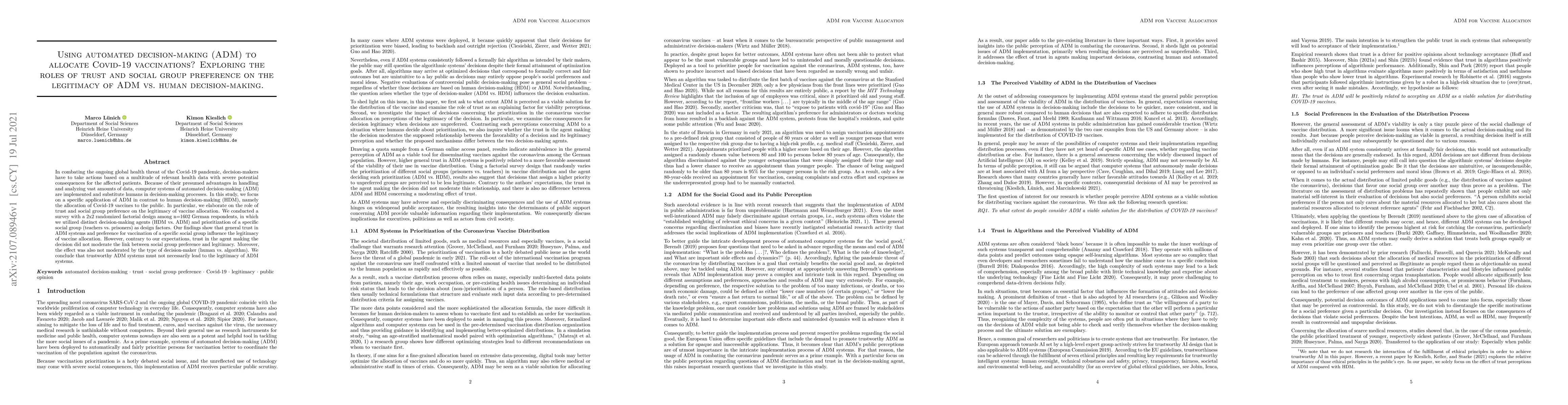 Thumbnail for Using automated decision-making (ADM) to allocate Covid-19 vaccinations?
  Exploring the roles of trust and social group preference on the legitimacy of
  ADM vs. human decision-making