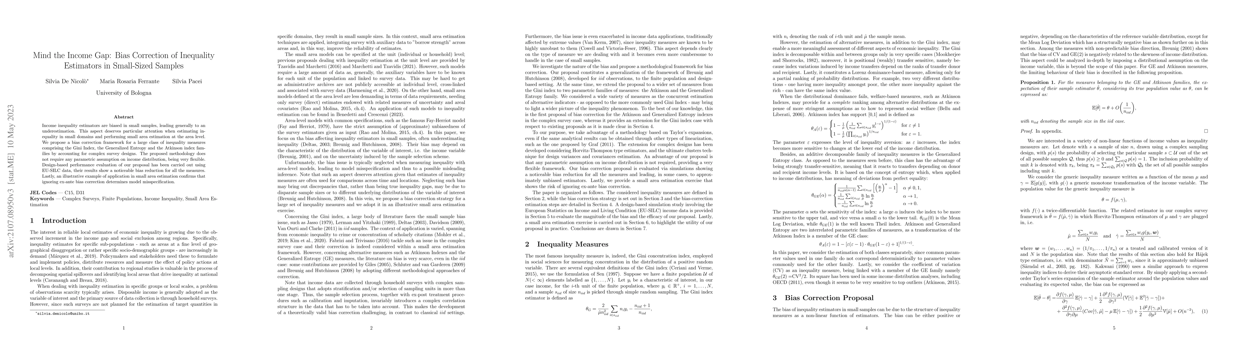 Thumbnail for Mind the Income Gap: Bias Correction of Inequality Estimators in
  Small-Sized Samples