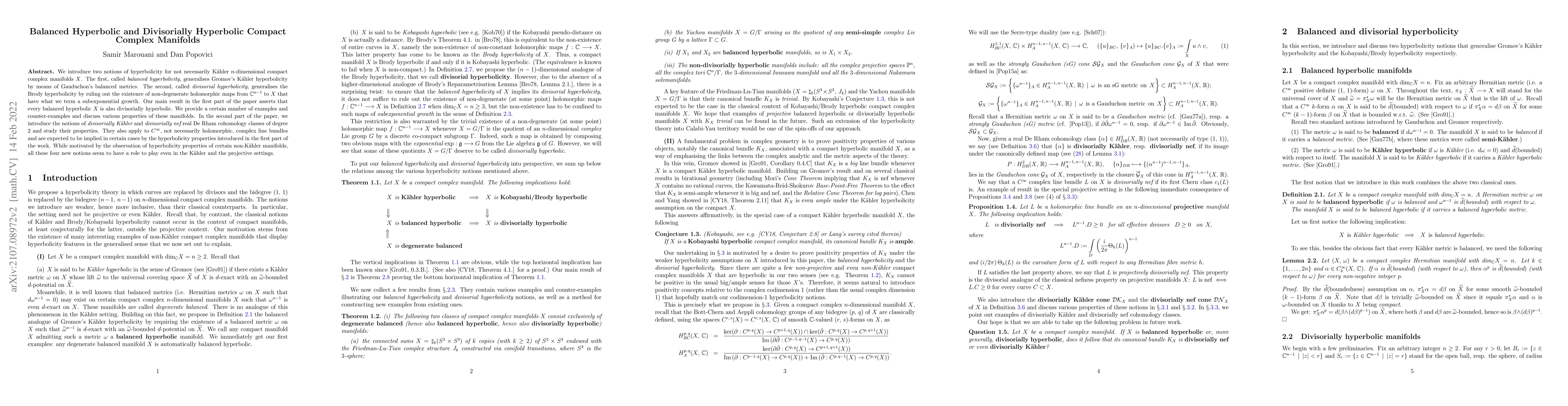 Thumbnail for Balanced Hyperbolic and Divisorially Hyperbolic Compact Complex
  Manifolds