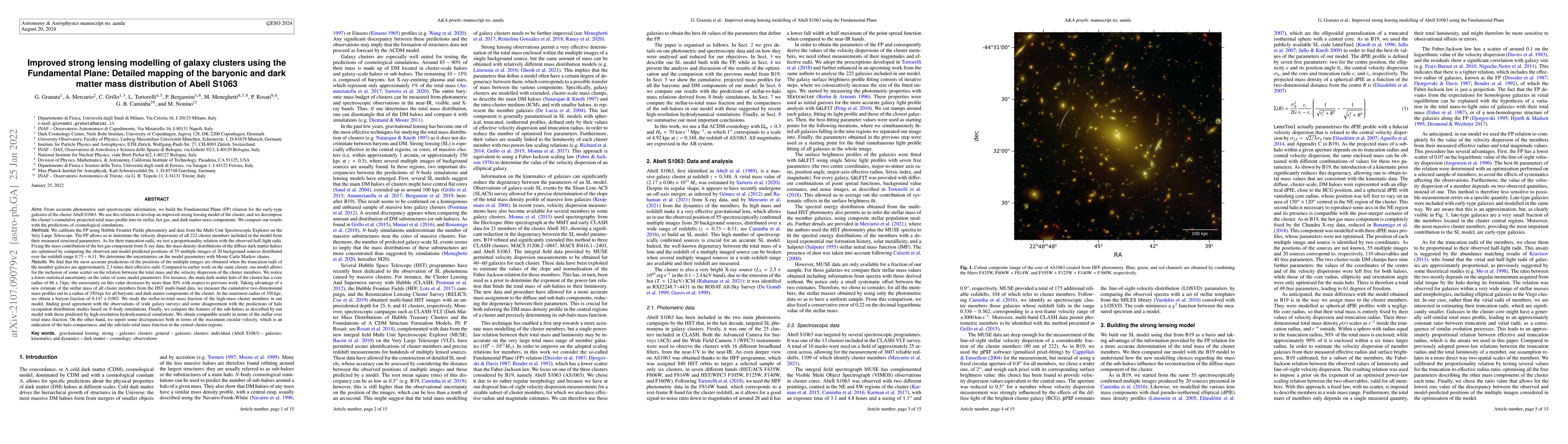 Thumbnail for Improved strong lensing modelling of galaxy clusters using the
  Fundamental Plane: Detailed mapping of the baryonic and dark matter mass
  distribution of Abell S1063