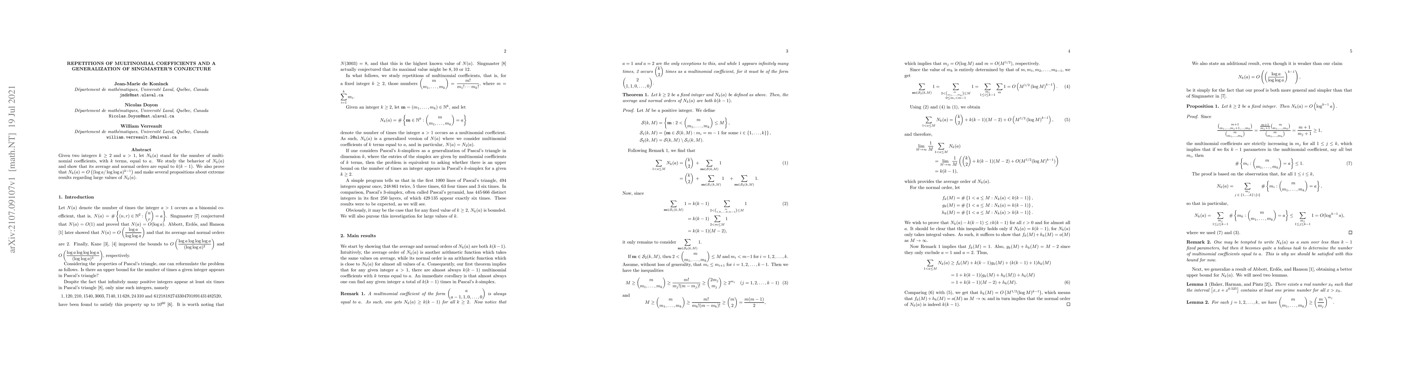 Thumbnail for Repetitions of multinomial coefficients and a generalization of
  Singmaster's conjecture