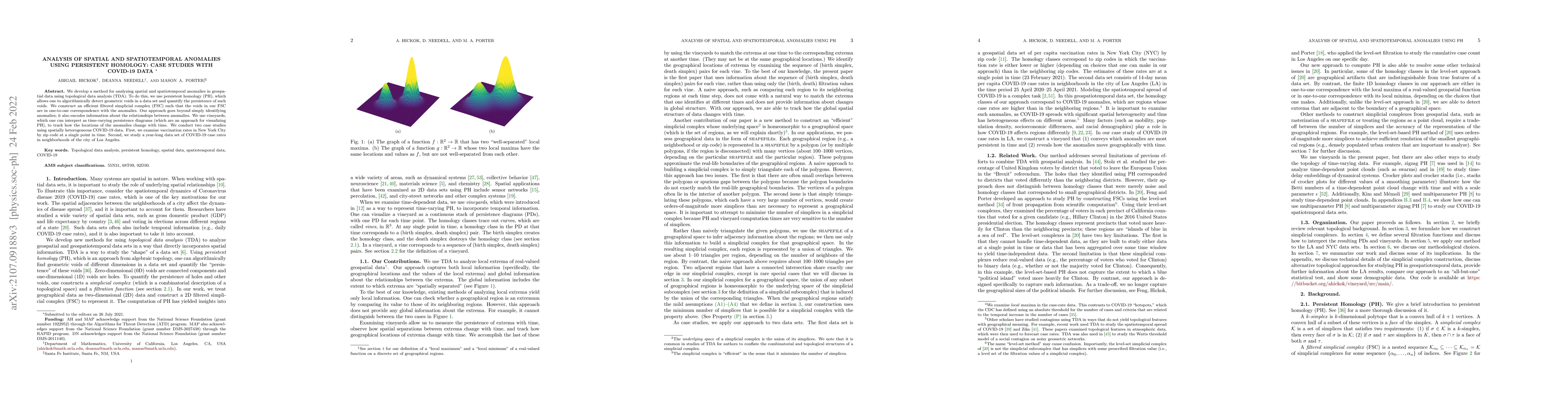 Thumbnail for Analysis of Spatial and Spatiotemporal Anomalies Using Persistent
  Homology: Case Studies with COVID-19 Data