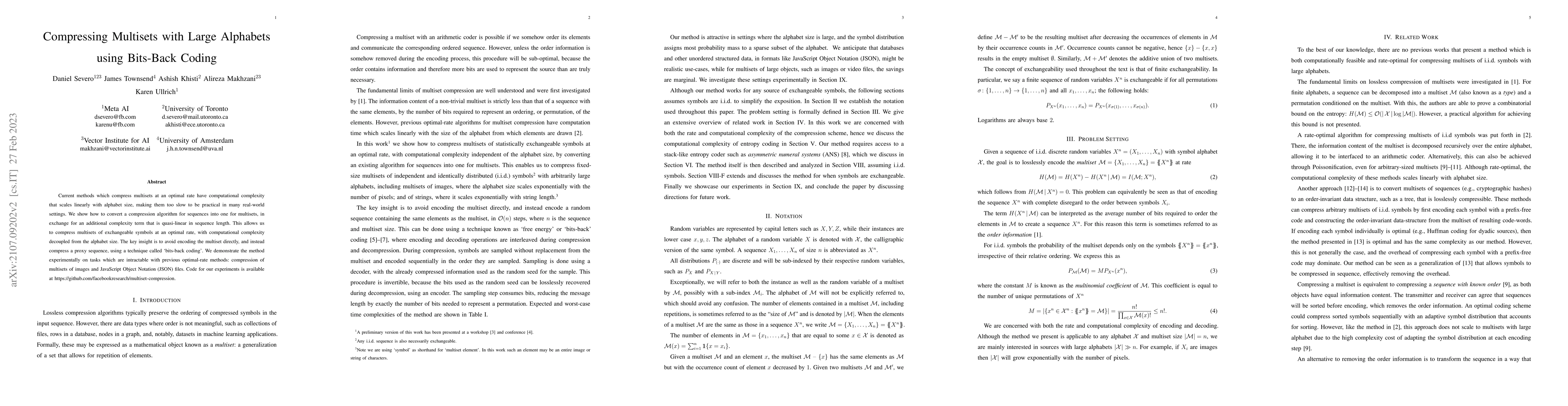 Thumbnail for Compressing Multisets with Large Alphabets using Bits-Back Coding