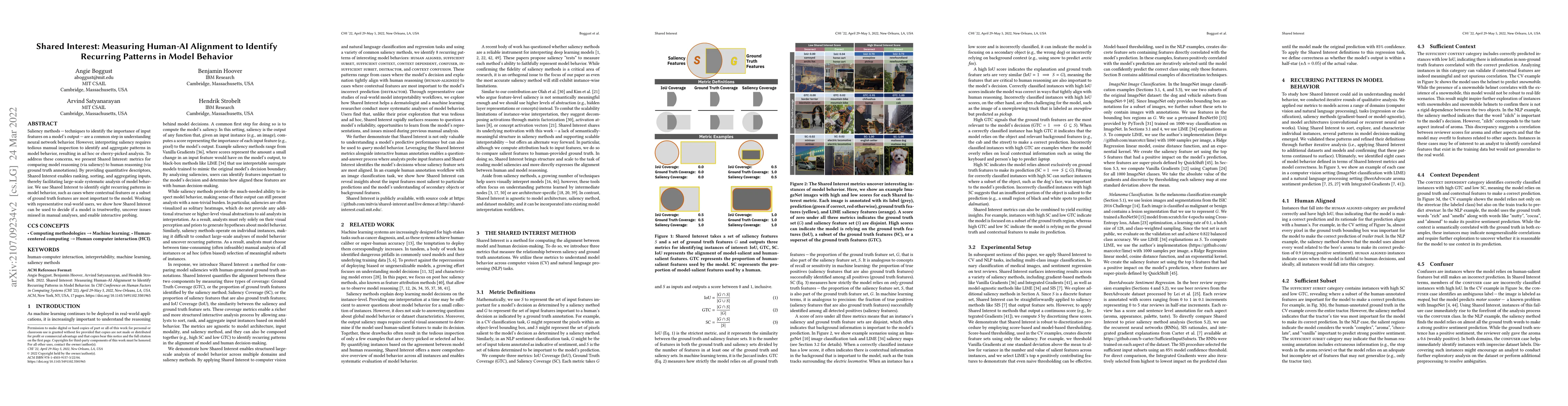 Thumbnail for Shared Interest: Measuring Human-AI Alignment to Identify Recurring
  Patterns in Model Behavior