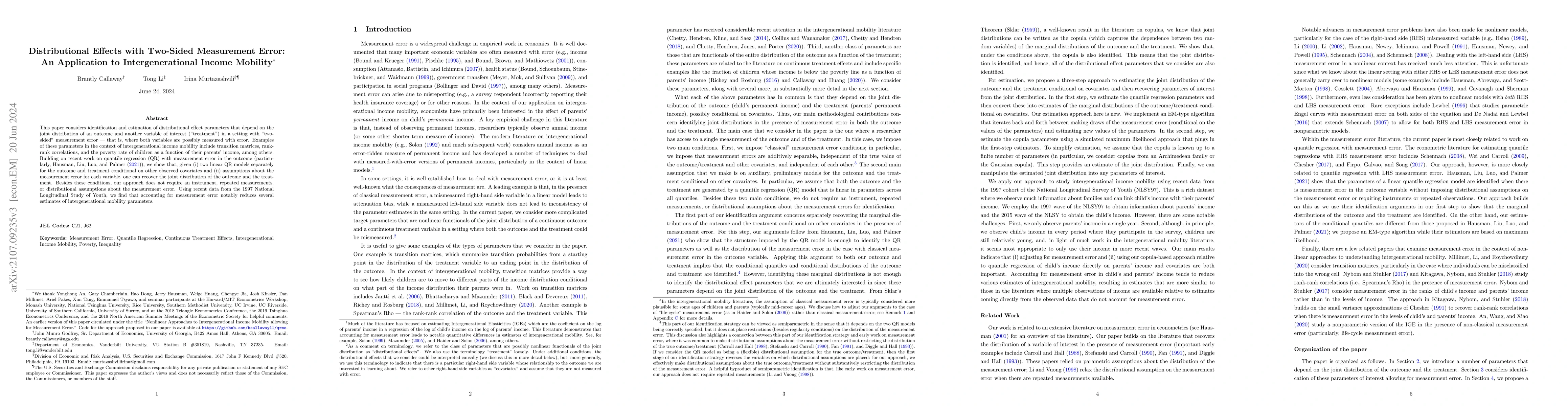 Thumbnail for Distributional Effects with Two-Sided Measurement Error: An Application
  to Intergenerational Income Mobility