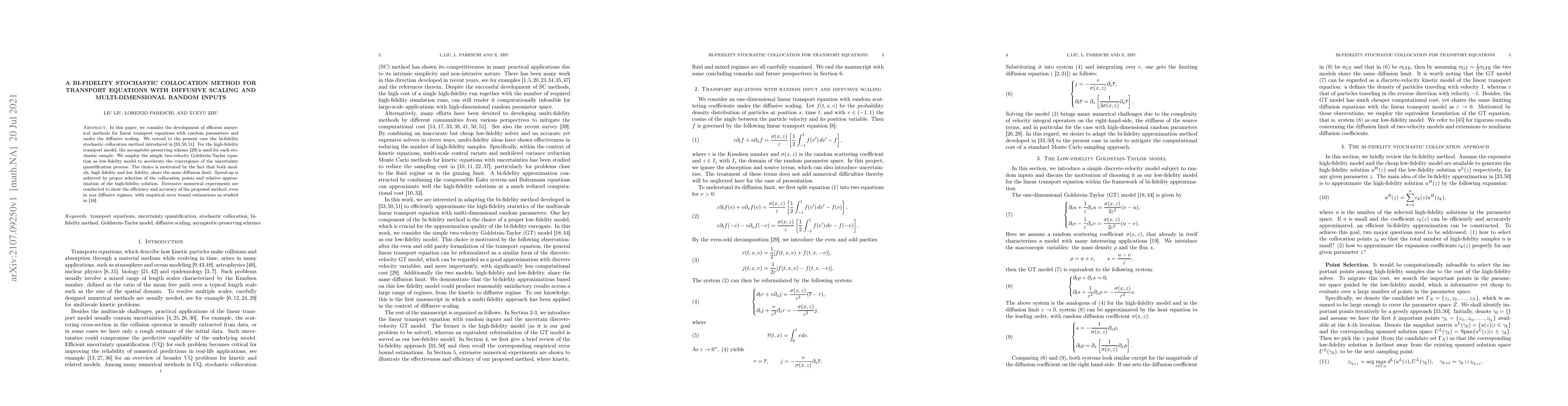 Thumbnail for A bi-fidelity stochastic collocation method for transport equations with
  diffusive scaling and multi-dimensional random inputs