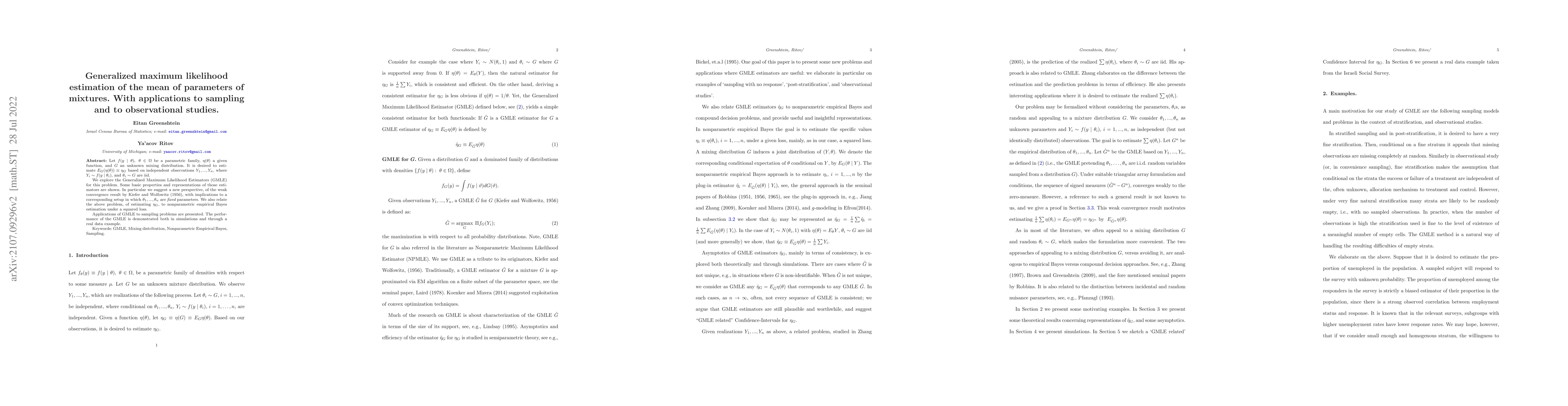 Thumbnail for Generalized maximum likelihood estimation of the mean of parameters of
  mixtures, with applications to sampling