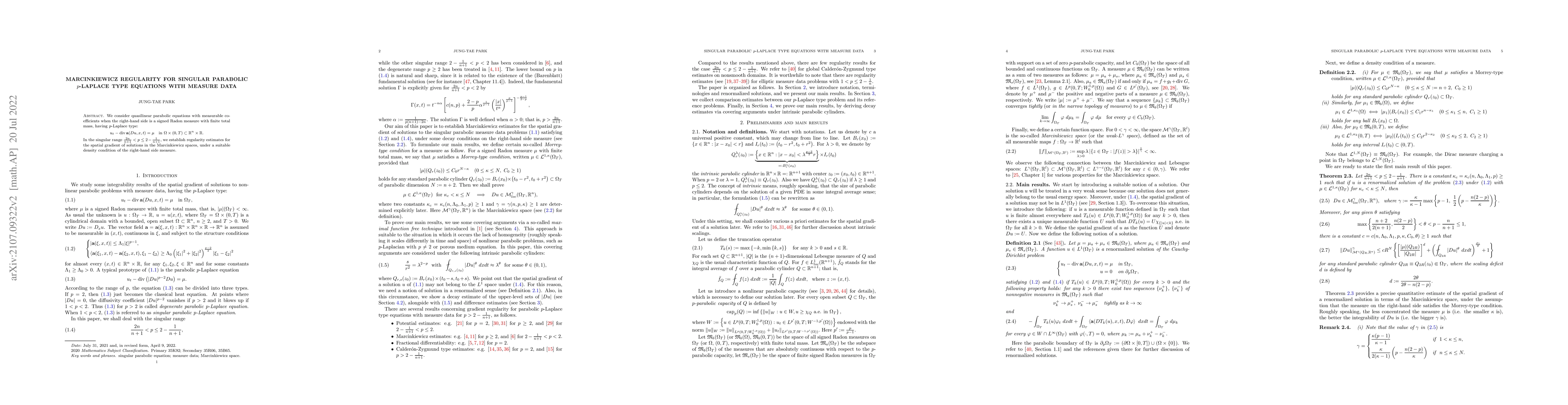 Thumbnail for Marcinkiewicz regularity for singular parabolic $p$-Laplace type
  equations with measure data