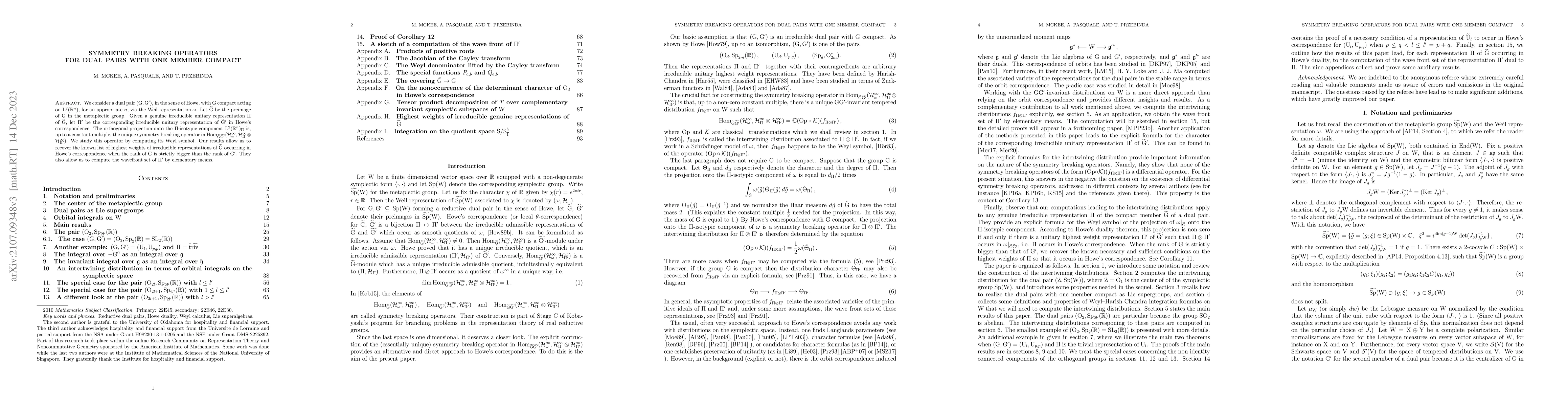 Thumbnail for Symmetry breaking operators for dual pairs with one member compact