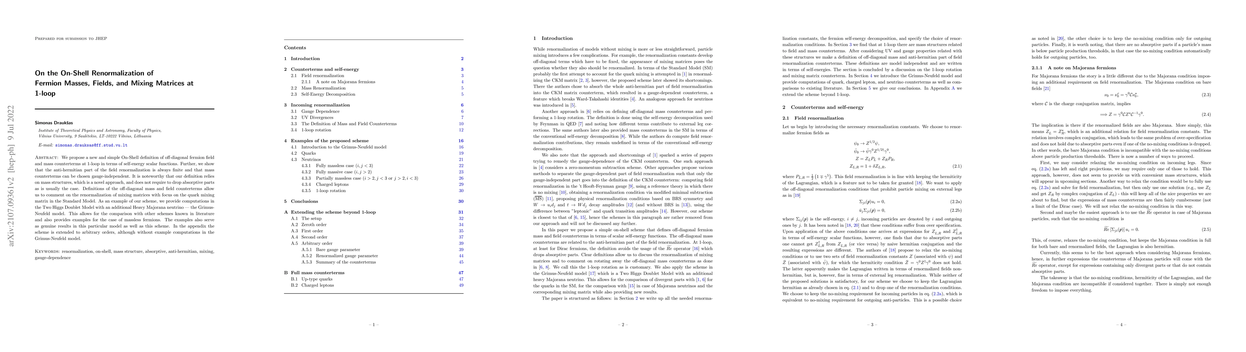Thumbnail for On the On-Shell Renormalization of Fermion Masses, Fields, and Mixing
  Matrices at 1-loop