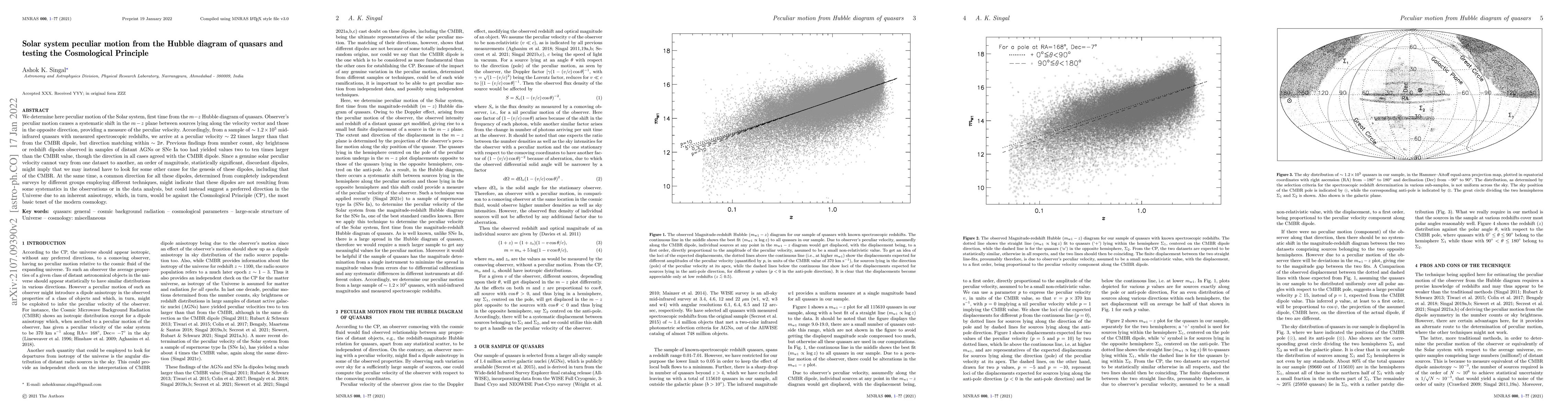 Thumbnail for Solar system peculiar motion from the Hubble diagram of quasars and
  testing the Cosmological Principle