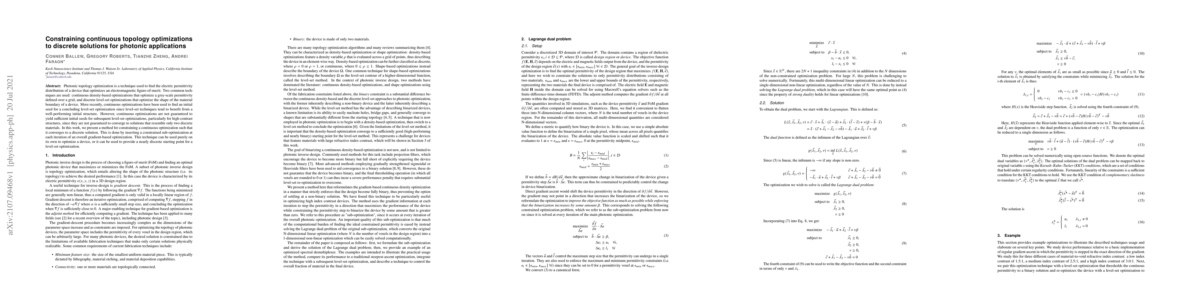 Thumbnail for Constraining continuous topology optimizations to discrete solutions for
  photonic applications