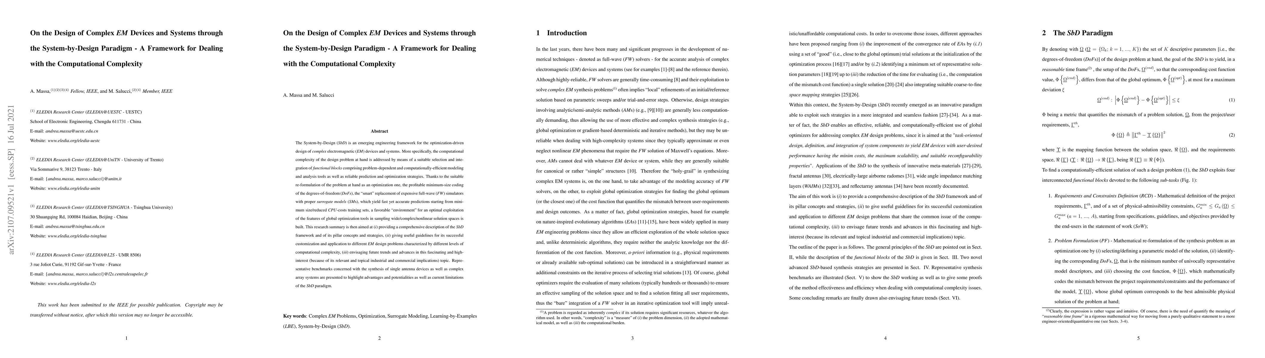 Thumbnail for On the Design of Complex EM Devices and Systems through the
  System-by-Design Paradigm -- A Framework for Dealing with the Computational
  Complexity