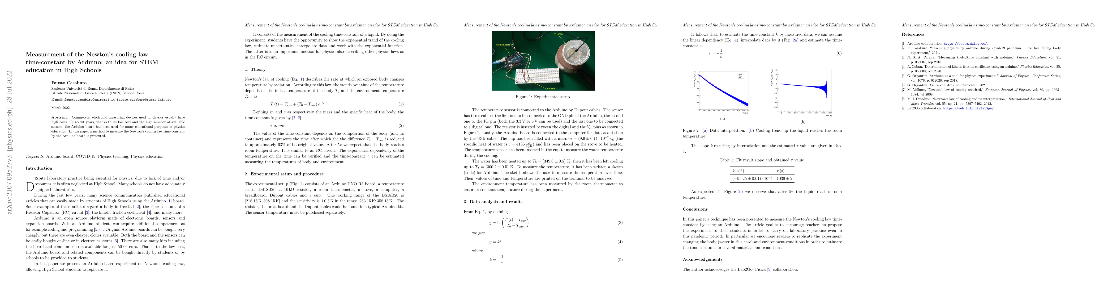 Thumbnail for Measurement of the Newton's cooling law time-constant by Arduino: an
  idea for STEM education in High Schools