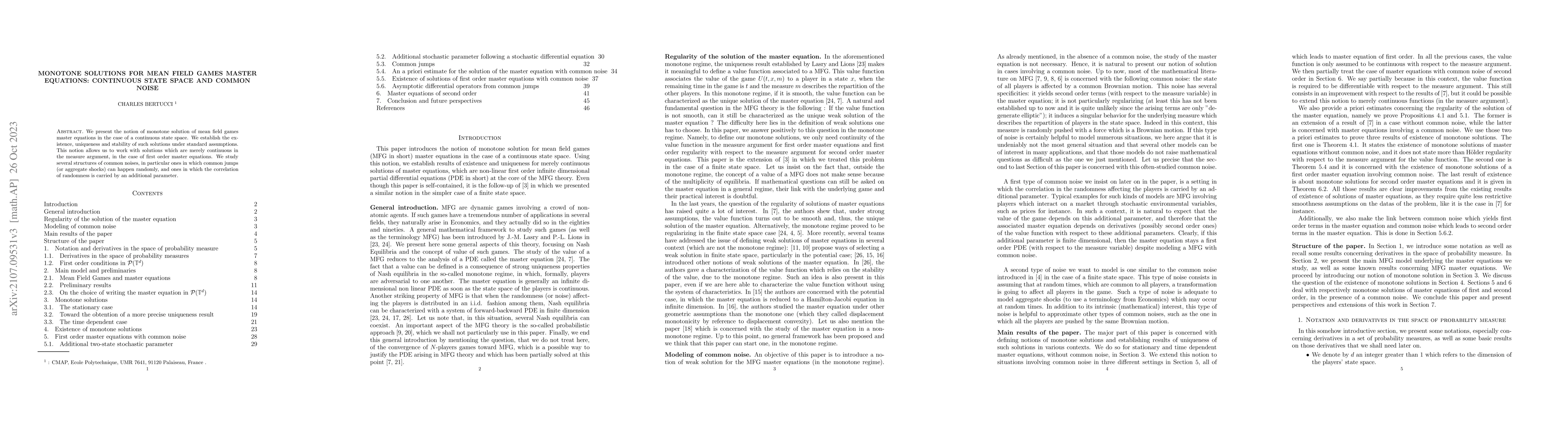 Thumbnail for Monotone solutions for mean field games master equations : continuous
  state space and common noise