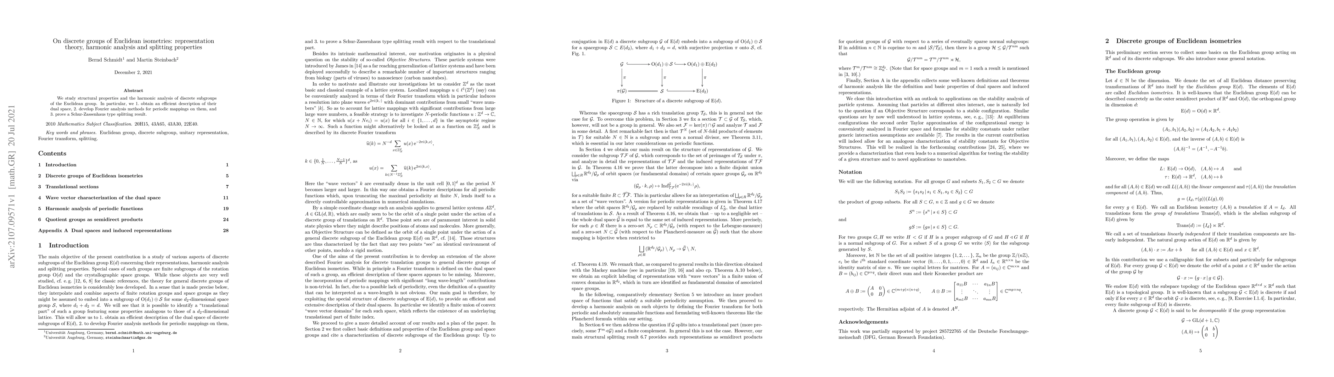Thumbnail for On discrete groups of Euclidean isometries: representation theory,
  harmonic analysis and splitting properties