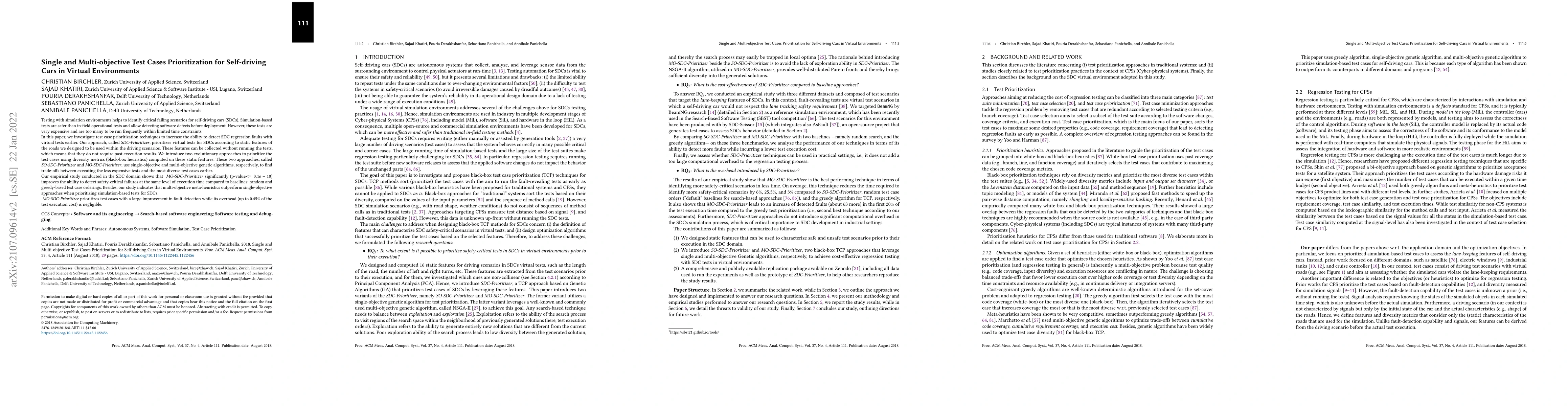 Thumbnail for Single and Multi-objective Test Cases Prioritization for Self-driving
  Cars in Virtual Environments