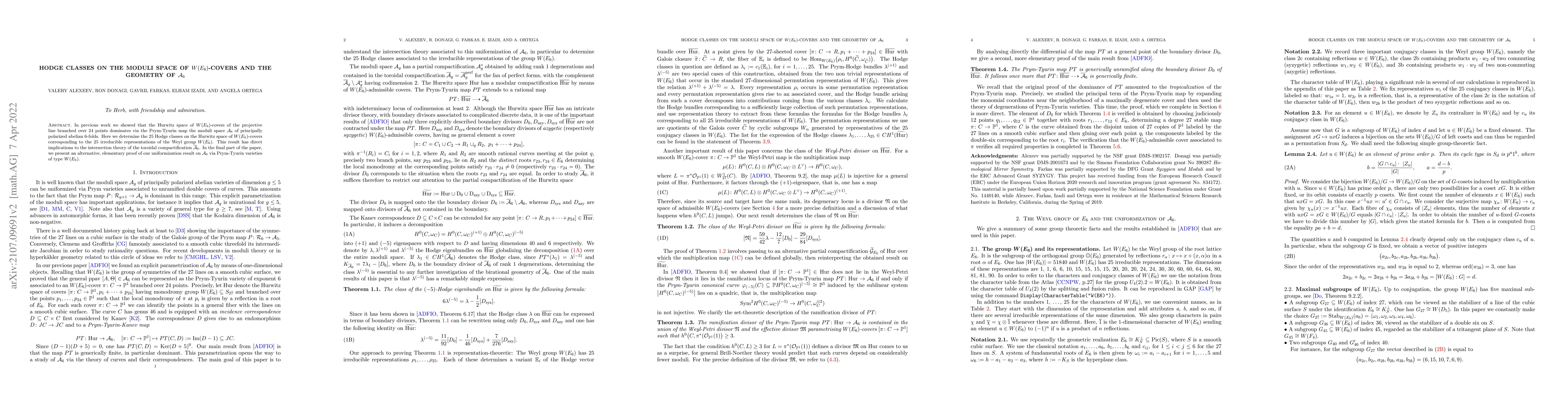 Thumbnail for Hodge classes on the moduli space of W(E_6)-covers and the geometry of
  A_6