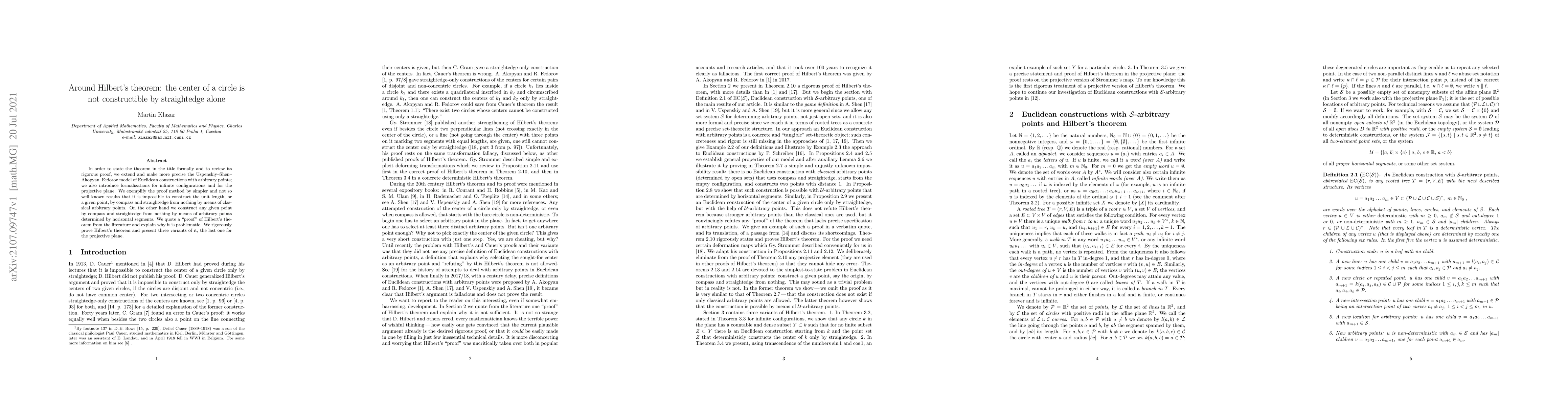 Thumbnail for Around Hilbert's theorem: the center of a circle is not constructible by
  straightedge alone