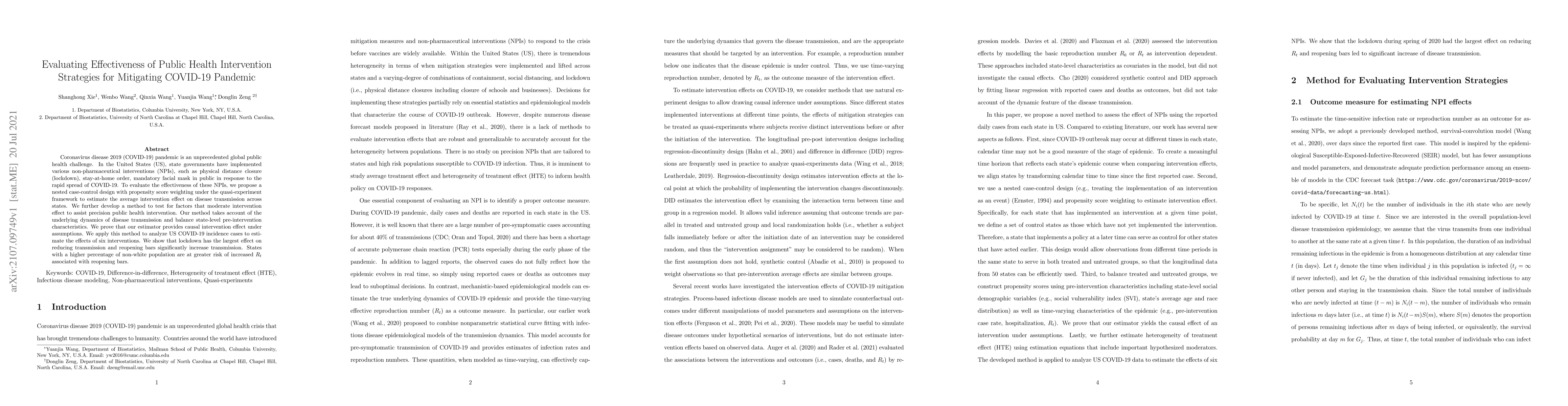Thumbnail for Evaluating Effectiveness of Public Health Intervention Strategies for
  Mitigating COVID-19 Pandemic