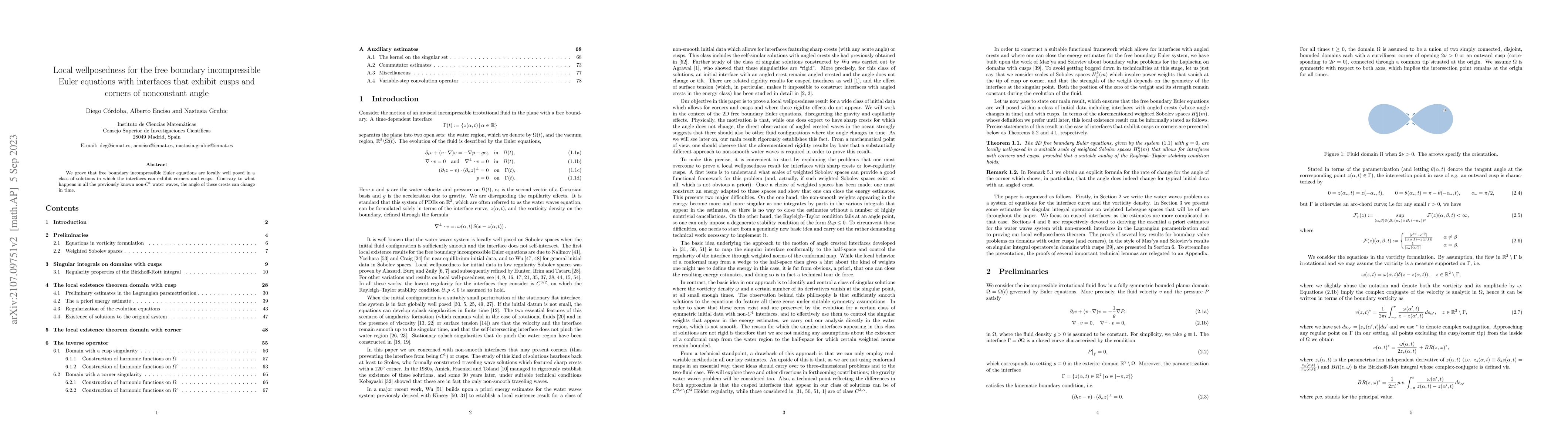 Thumbnail for Local wellposedness for the free boundary incompressible Euler equations
  with interfaces that exhibit cusps and corners of nonconstant angle