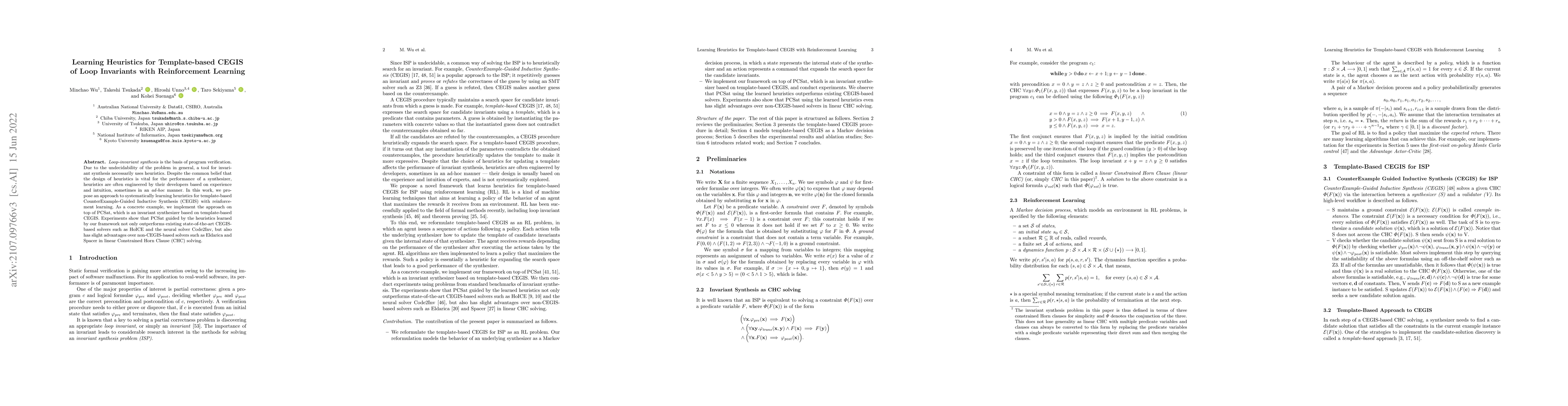 Thumbnail for Learning Heuristics for Template-based CEGIS of Loop Invariants with
  Reinforcement Learning