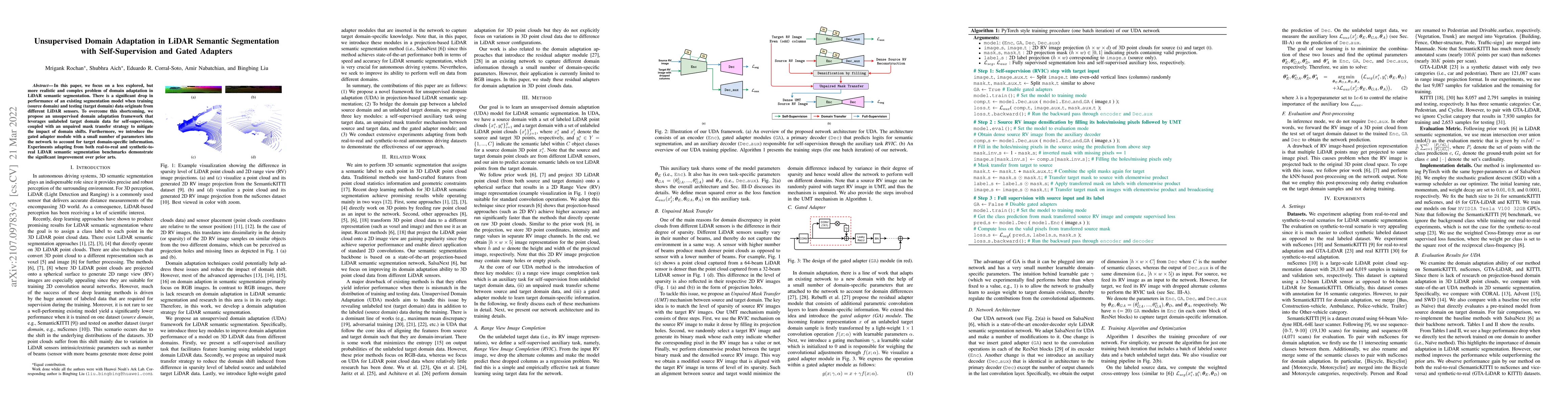 Thumbnail for Unsupervised Domain Adaptation in LiDAR Semantic Segmentation with
  Self-Supervision and Gated Adapters