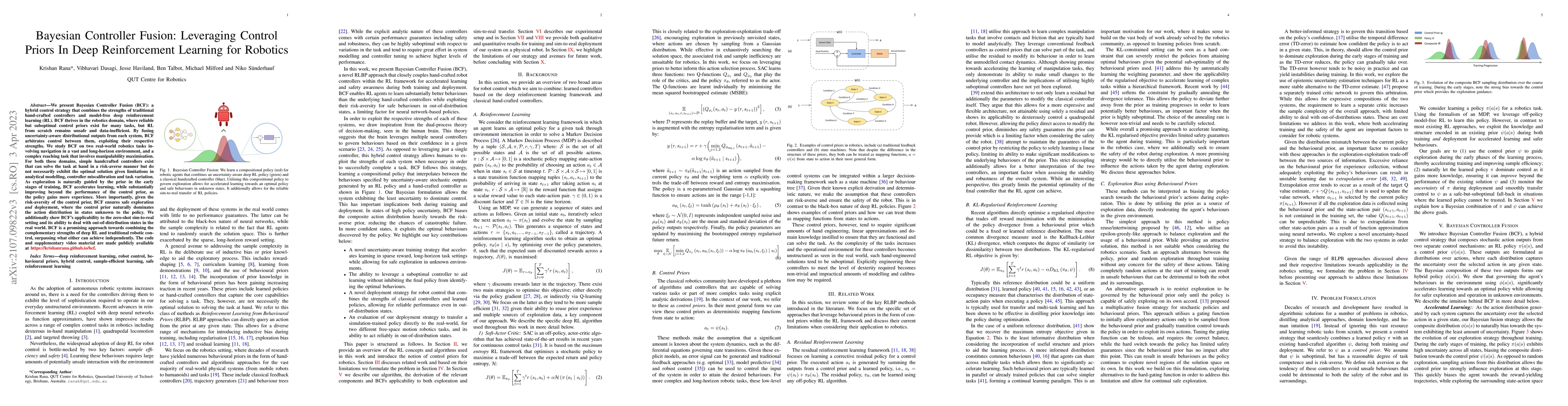 Thumbnail for Bayesian Controller Fusion: Leveraging Control Priors in Deep
  Reinforcement Learning for Robotics
