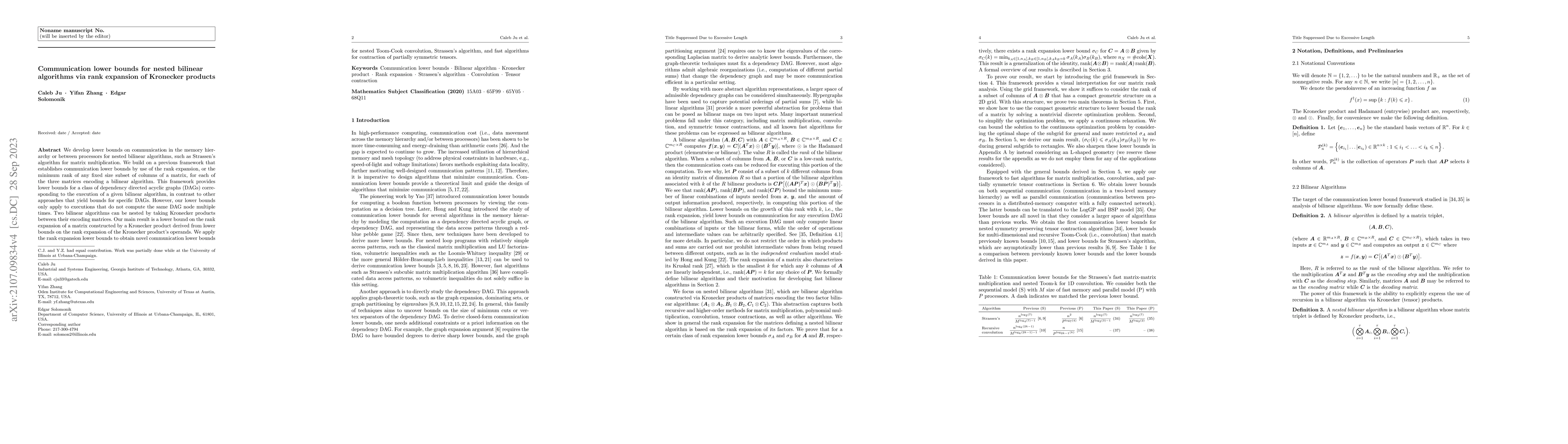 Thumbnail for Communication lower bounds for nested bilinear algorithms via rank
  expansion of Kronecker products