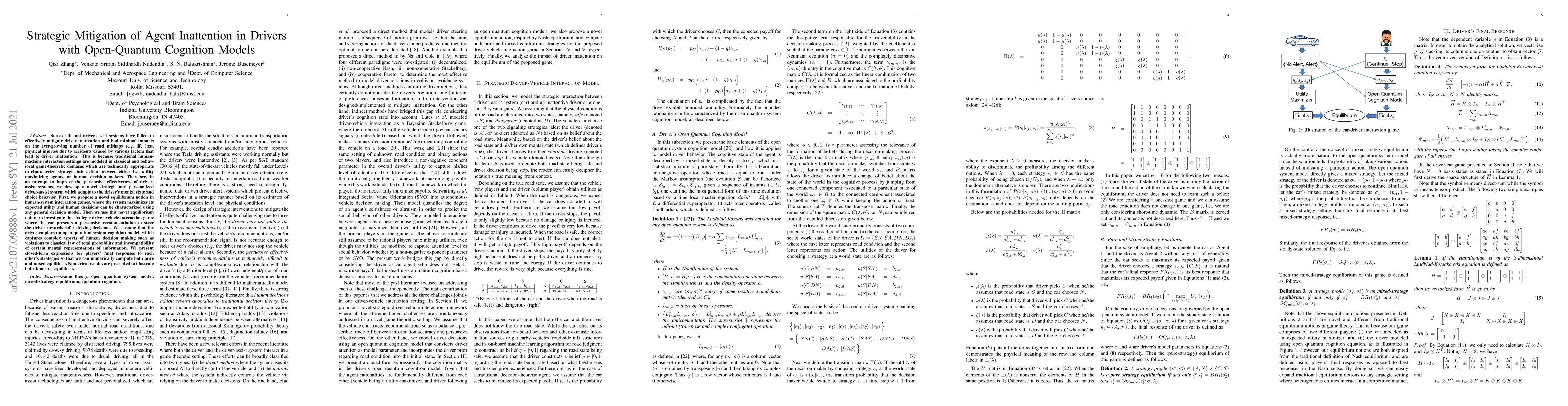 Thumbnail for Strategic Mitigation of Agent Inattention in Drivers with Open-Quantum
  Cognition Models