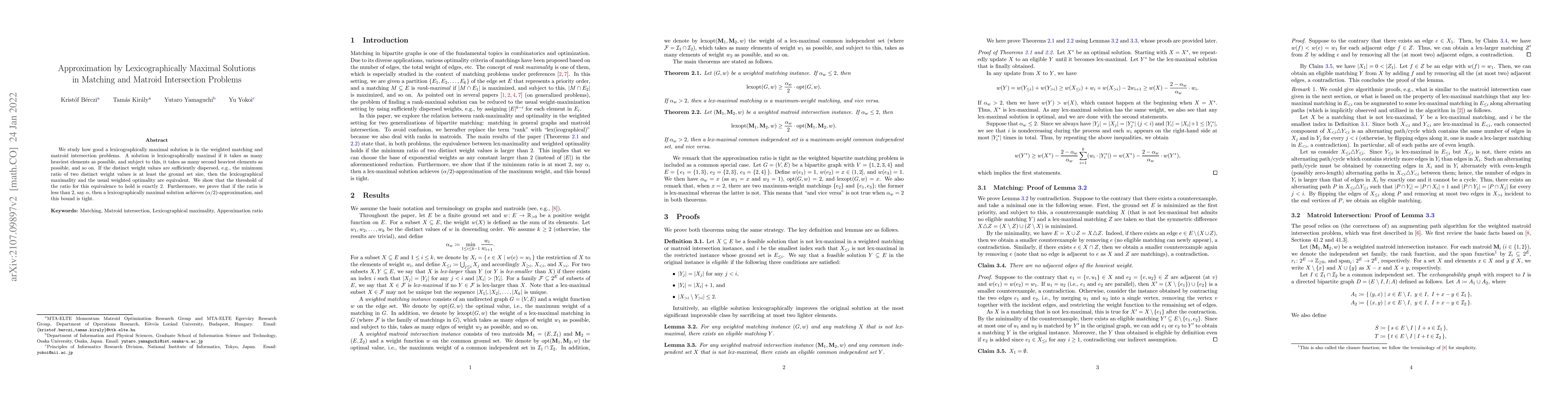 Thumbnail for Approximation by Lexicographically Maximal Solutions in Matching and
  Matroid Intersection Problems