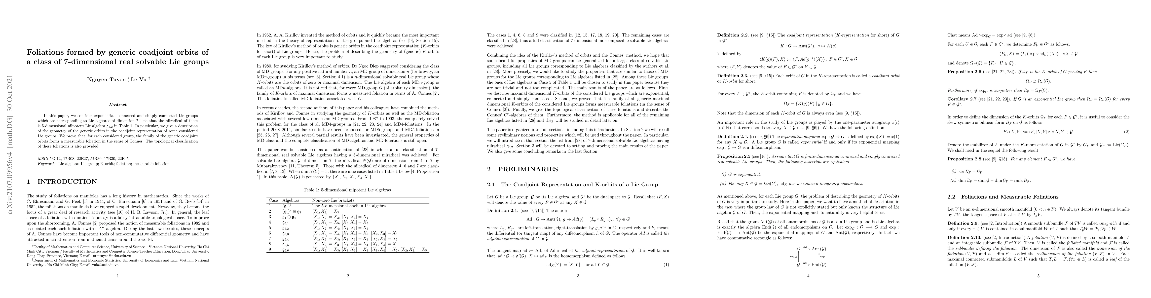 Thumbnail for Foliations formed by generic coadjoint orbits of a class of
  7-dimensional real solvable Lie groups