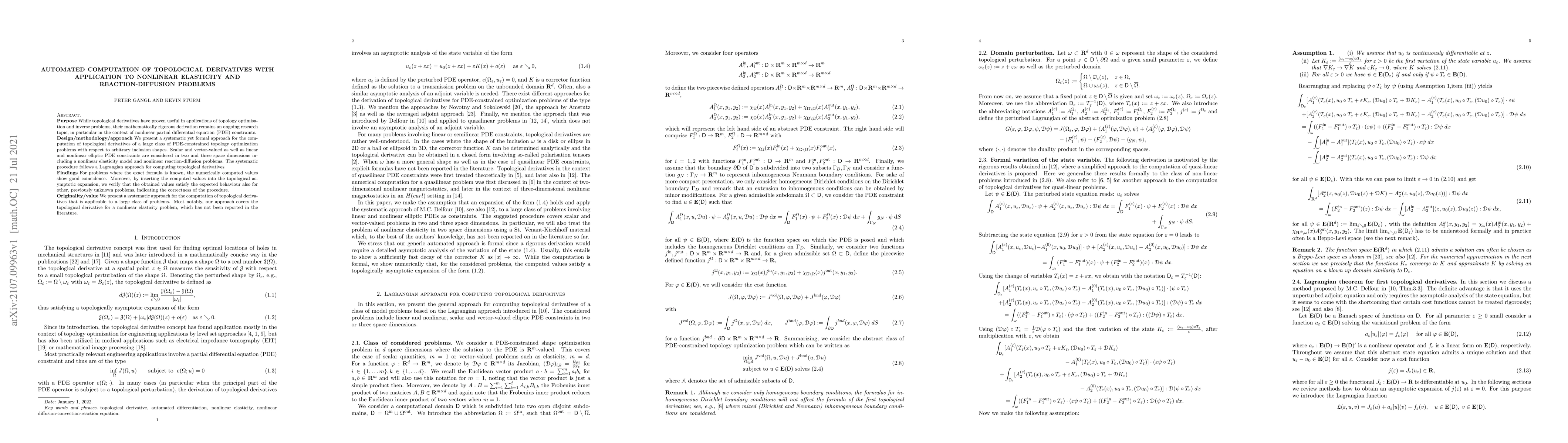 Thumbnail for Automated computation of topological derivatives with application to
  nonlinear elasticity and reaction-diffusion problems