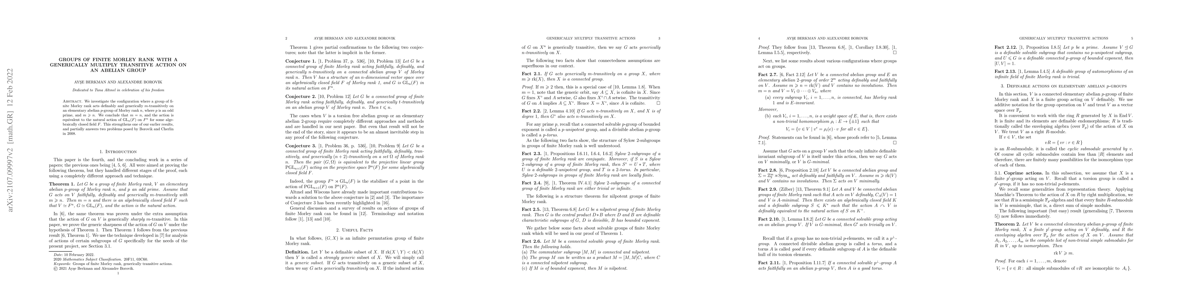 Thumbnail for Groups of finite Morley rank with a generically multiply transitive
  action on an abelian group