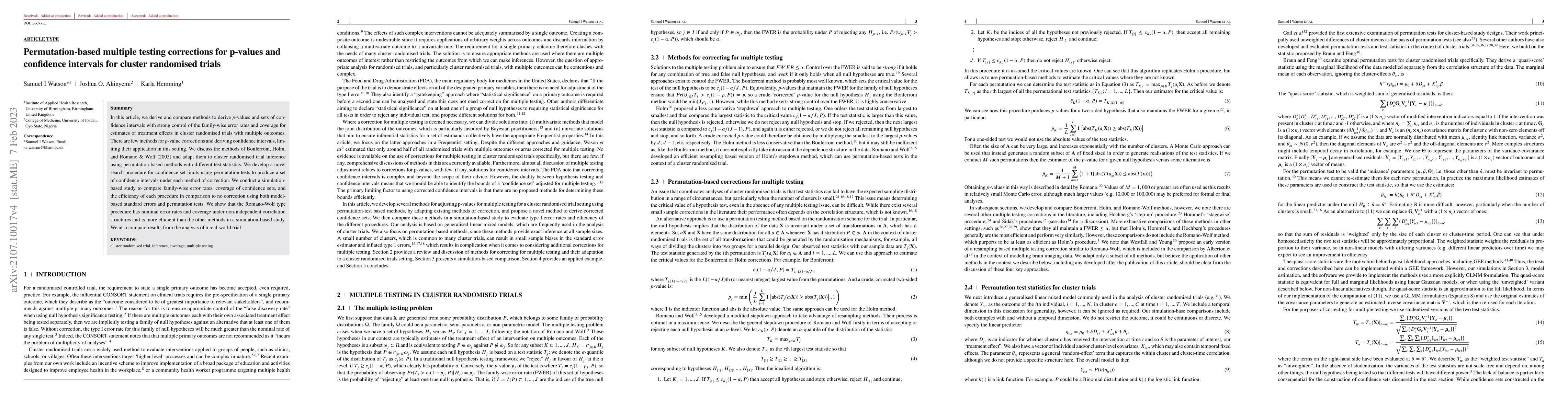 Thumbnail for Permutation-based multiple testing corrections for p-values and
  confidence intervals for cluster randomised trials