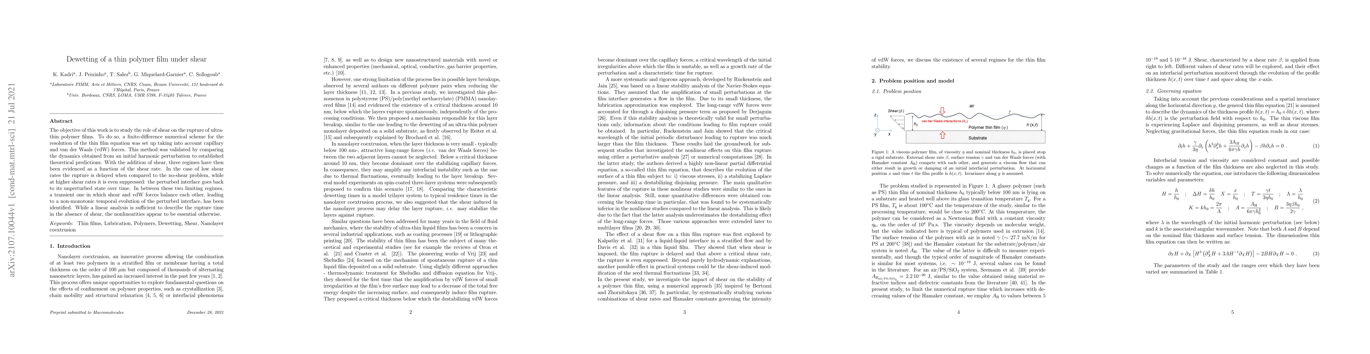 Thumbnail for Dewetting of a thin polymer film under shear