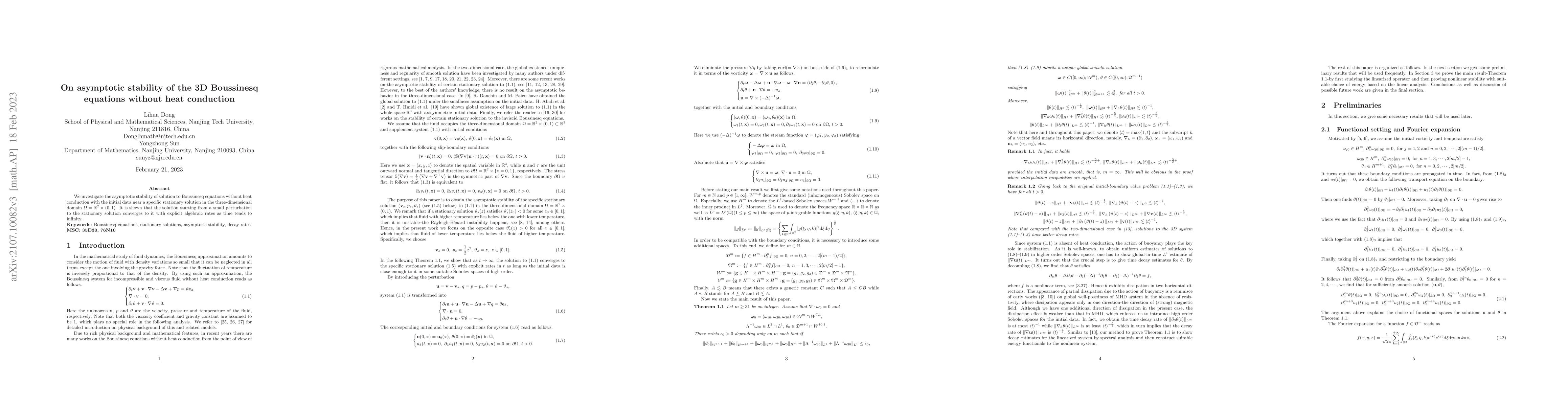 Thumbnail for On asymptotic stability of the 3D Boussinesq equations without thermal
  conduction