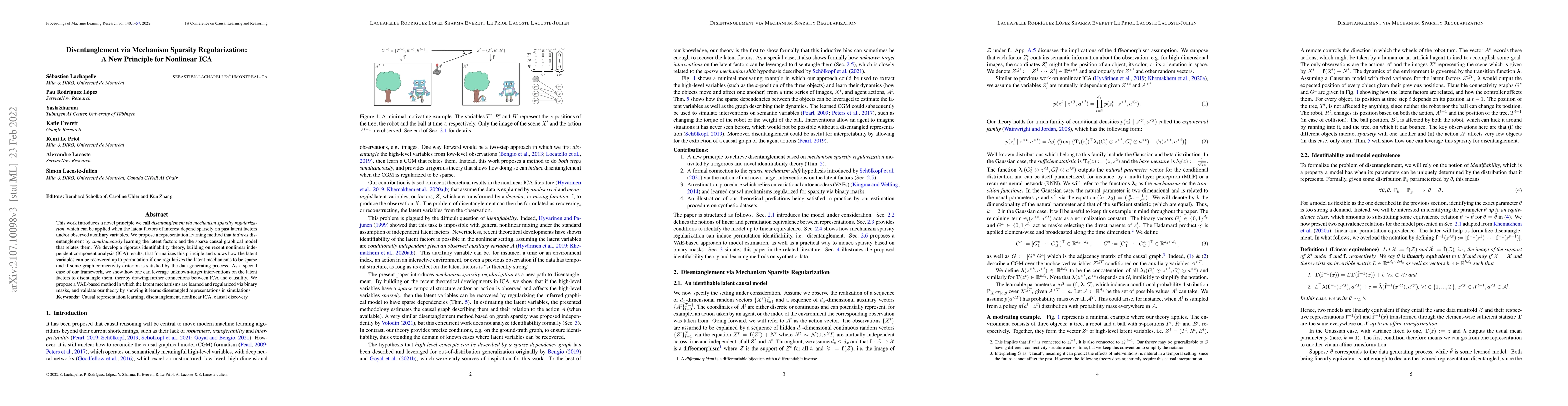 Thumbnail for Disentanglement via Mechanism Sparsity Regularization: A New Principle
  for Nonlinear ICA